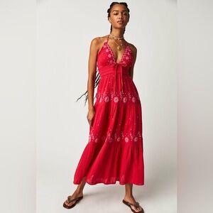 NWT Free People Real Love Embroidered Dress Maxi Dress Cranberry Juice Combo XS